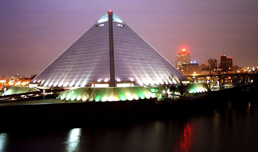 The Memphis, Tenn., skyline is dominated by the Memphis Pyramid, an arena that sits on the Mississippi River, shown in this February 1999 image. The city of Memphis has become one of the largest cities in the U.S. to challenge its head count from the 2020 Census. (AP Photo/Mark Humphrey, File)