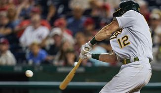 Oakland Athletics&#39; Sean Murphy hits a grand slam during the fifth inning of the team&#39;s baseball game against the Washington Nationals at Nationals Park, Tuesday, Aug. 30, 2022, in Washington. (AP Photo/Alex Brandon)