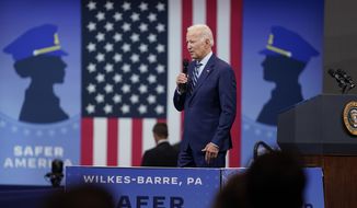 President Joe Biden speaks at the Arnaud C. Marts Center on the campus of Wilkes University, Tuesday, Aug. 30, 2022, in Wilkes-Barre, Pa. (AP Photo/Evan Vucci)