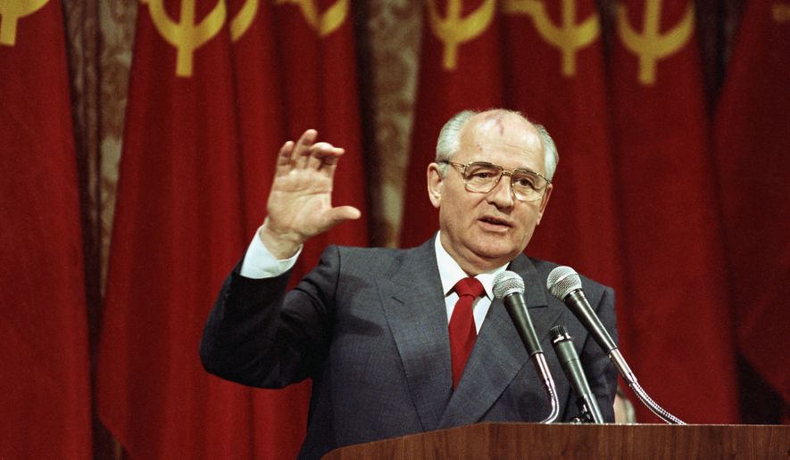Soviet President Mikhail Gorbachev addresses a group of 150 business executives in San Francisco, Monday, June 5, 1990. Russian news agencies are reporting that former Soviet President Mikhail Gorbachev has died at 91. The Tass, RIA Novosti and Interfax news agencies cited the Central Clinical Hospital. (AP Photo/David Longstreath, File)