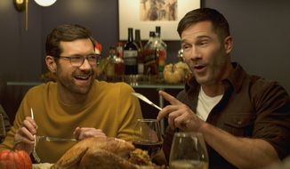 This image released by Universal Pictures shows Billy Eichner, left, and Luke Macfarlane in a scene from &amp;quot;Bros.&amp;quot; (Universal Pictures via AP)
