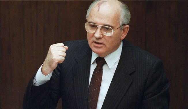 Soviet President Mikhail Gorbachev says in Moscow that a local military commander ordered the use of force in the breakaway republic of Lithuania, where an assault by Soviet troops on Jan. 13, 1991 claimed 14 lives. Russian news agencies are reporting that former Soviet President Mikhail Gorbachev has died at 91. The Tass, RIA Novosti and Interfax news agencies cited the Central Clinical Hospital. (AP Photo/Boris Yurchenko, File)