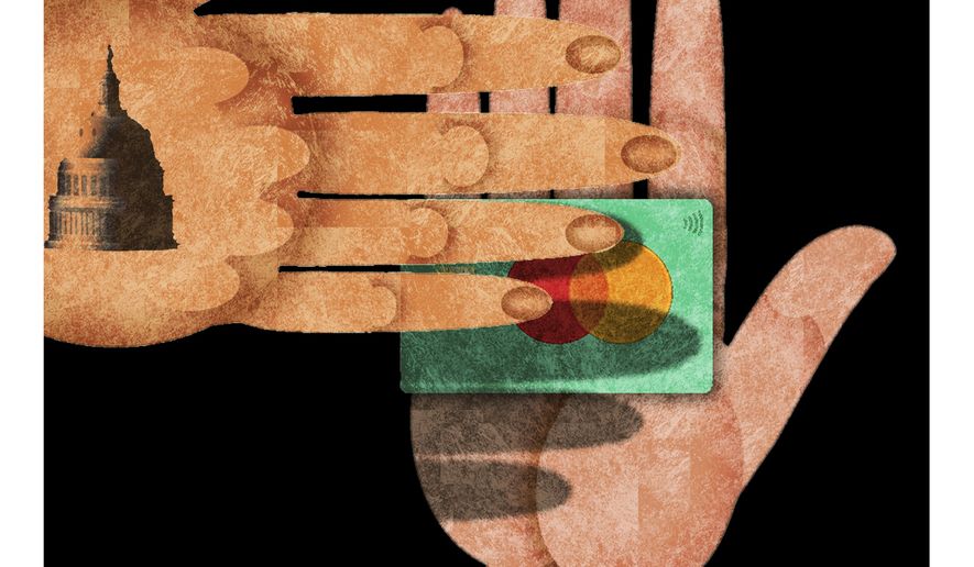 Illustration on congressional interference with credit cards by Alexander Hunter/The Washington Times