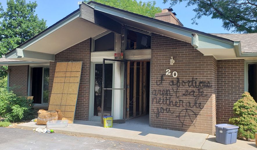 The perpetrators who firebombed the Life Choices Pregnancy Medical Center in Longmont, Colorado, on June 25, 2022, left behind pro-choice graffiti consistent with previous attacks by the radical group Jane&#39;s Revenge. (Photo by Valerie Richardson.)
