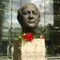 Flowers and a candle are placed at a bust of the former Soviet President Mikhail Gorbachev at the Axel Springer Publisher House in Berlin, Germany, Wednesday, Aug. 31, 2022. Russian news agencies reported that former Soviet President Mikhail Gorbachev has died at 91. The Tass, RIA Novosti and Interfax news agencies cited the Central Clinical Hospital. (AP Photo/Markus Schreiber) ** FILE **