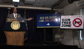 New York City Mayor Eric Adams speaks during a news conference about upcoming “Gun Free Zone&quot; implementation at Times Square, Wednesday, Aug. 31, 2022, in New York. (AP Photo/Yuki Iwamura)