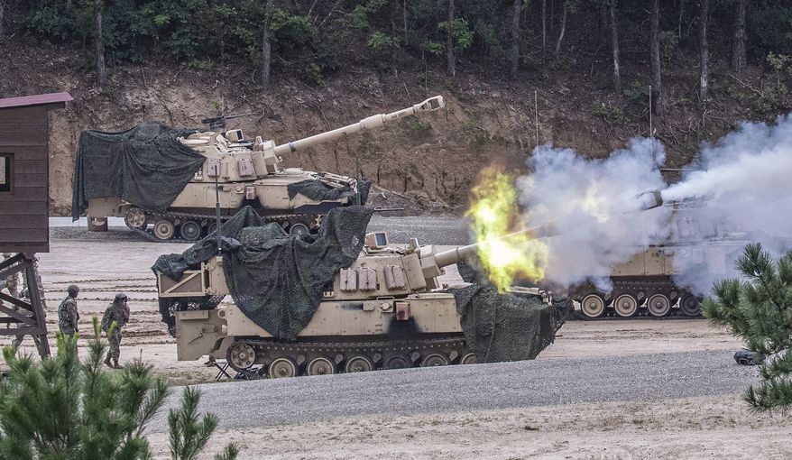 U.S. Army&#x27;s Paladin self-propelled howitzers fires during a joint military exercise between South Korea and the United States at Rodriguez Live Fire Complex in Pocheon, South Korea, Wednesday, Aug. 31, 2022. (Im Byung-shik/Yonhap via AP)