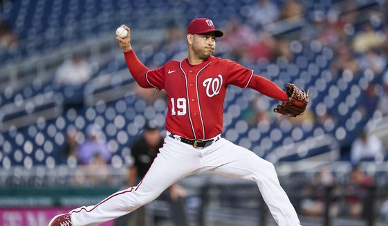 Washington Nationals starting pitcher Anibal Sanchez throws during the third inning of a baseball game against the Oakland Athletics at Nationals Park, Wednesday, Aug. 31, 2022, in Washington. (AP Photo/Alex Brandon)