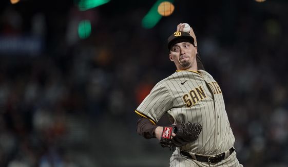San Diego Padres&#39; Blake Snell pitches against the San Francisco Giants during the sixth inning of a baseball game in San Francisco, Tuesday, Aug. 30, 2022. (AP Photo/Godofredo A. Vásquez)