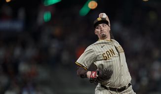 San Diego Padres&#x27; Blake Snell pitches against the San Francisco Giants during the sixth inning of a baseball game in San Francisco, Tuesday, Aug. 30, 2022. (AP Photo/Godofredo A. Vásquez)