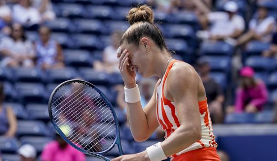 Maria Sakkari, of Greece, reacts after losing a point to Wang Xiyu, of China, during the second round of the US Open tennis championships, Wednesday, Aug. 31, 2022, in New York. (AP Photo/John Minchillo)