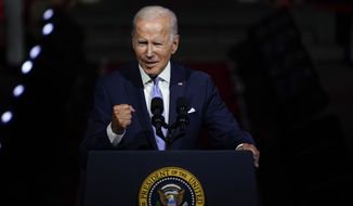 President Joe Biden speaks outside Independence Hall, Thursday, Sept. 1, 2022, in Philadelphia. (AP Photo/Matt Slocum)
