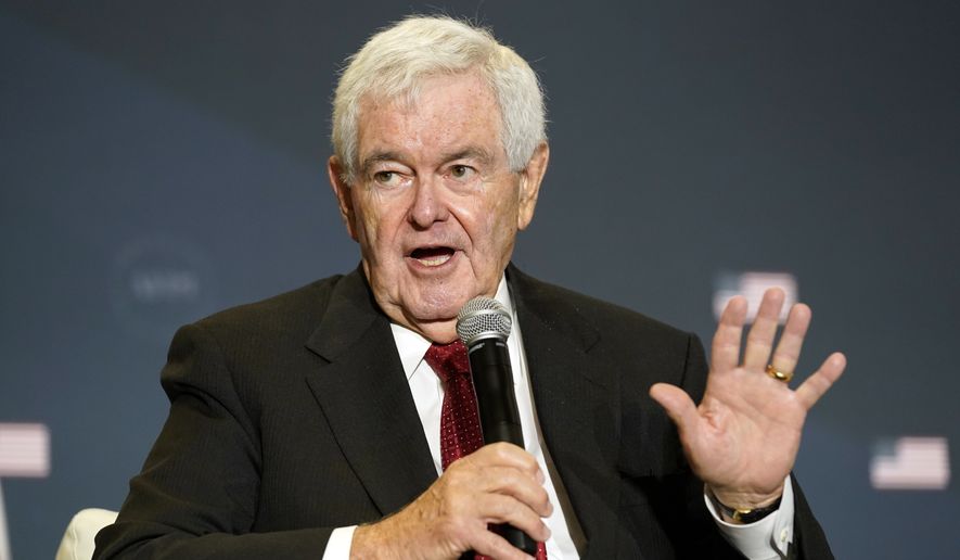 Former House Speaker Newt Gingrich speaks before former President Donald Trump at an America First Policy Institute agenda summit at the Marriott Marquis in Washington, July 26, 2022. (AP Photo/Andrew Harnik, File)