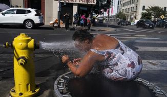 Stephanie Williams, 60, cools off with water from a hydrant in the Skid Row area of Los Angeles, Wednesday, Aug. 31, 2022. Excessive-heat warnings expanded to all of Southern California and northward into the Central Valley on Wednesday, and were predicted to spread into Northern California later in the week. (AP Photo/Jae C. Hong)
