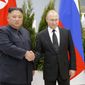 Russian President Vladimir Putin, right, and North Korea&#39;s leader Kim Jong Un shake hands during their meeting in Vladivostok, Russia, April 25, 2019. As the war in Ukraine stretches into its seventh month, North Korea is hinting at its interest in sending construction workers to help rebuild Russian-occupied territories in the country&#39;s east. (AP Photo/Alexander Zemlianichenko, Pool, File)