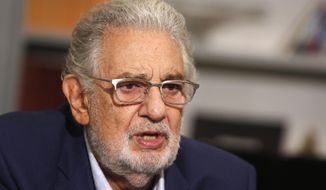 Spanish tenor Placido Domingo gives an interview in Naples, Aug. 23, 2020. An Argentina-based yoga group is under investigation for sexually exploiting women to secure the support of wealthy and powerful men around the world, including the opera star Domingo, who hasn’t been accused of any crime. (AP Photo/Riccardo De Luca, File)