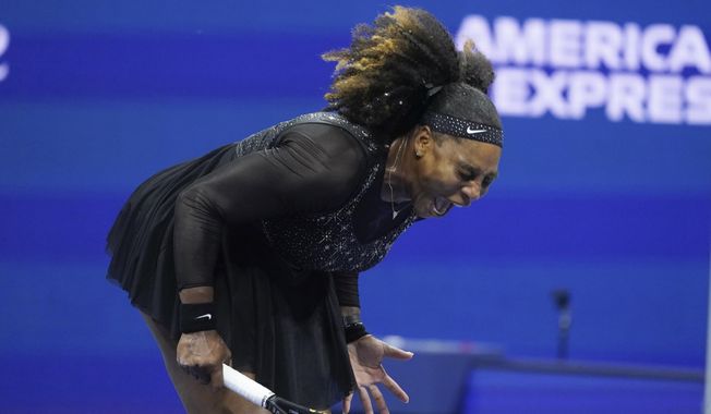 Serena Williams, of the United States, reacts during a match against Ajla Tomljanovic, of Australia, during the third round of the U.S. Open tennis championships, Friday, Sept. 2, 2022, in New York. (AP Photo/John Minchillo)