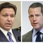 FILE - This combination of Thursday, Aug. 4, 2022 photos shows Florida Gov. Ron DeSantis, left, and Hillsborough County State Attorney Andrew Warren during separate news conferences in Tampa, Fla.  On Friday, Sept. 2, DeSantis wants a federal judge to throw out a free speech lawsuit filed by Warren,  he suspended from office over statements about not pursuing criminal charges in abortion, transgender rights and certain low-level cases.(Douglas R. Clifford/Tampa Bay Times via AP, File)