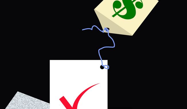 Illustration on buying votes with public money by Alexander Hunter/The Washington Times