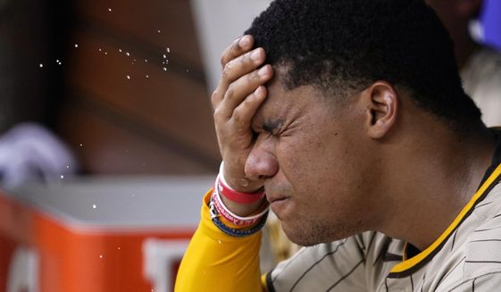 San Diego Padres&#39; Juan Soto splashes water n his face prior to a baseball game against the Los Angeles Dodgers Sunday, Sept. 4, 2022, in Los Angeles. (AP Photo/Mark J. Terrill)