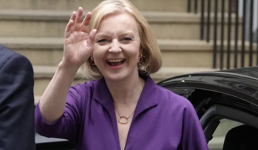 Liz Truss arrives at Conservative Central Office in Westminster after winning the Conservative Party leadership contest in London, Monday, Sept. 5, 2022. Liz Truss will become Britain&#39;s new Prime Minister after an audience with Britain&#39;s Queen Elizabeth II on Tuesday Sept. 6. (AP Photo/Kirsty Wigglesworth)