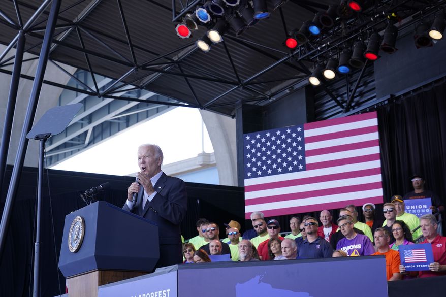 President Joe Biden speaks during an event at Henry Maier Festival Park in Milwaukee, Monday, Sept. 5, 2022. Biden is in Wisconsin this Labor Day to kick off a nine-week sprint to the crucial midterm elections. (AP Photo/Susan Walsh)
