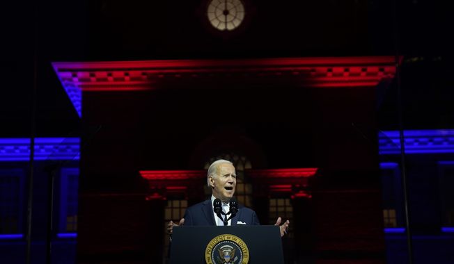 In this file photo, President Joe Biden speaks outside Independence Hall, Thursday, Sept. 1, 2022, in Philadelphia. A new poll finds a majority of Americans think President Biden’s prime-time speech last week framing Republicans as anti-democratic extremists was a “dangerous escalation in rhetoric.&quot; (AP Photo/Evan Vucci, File)  **FILE**