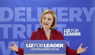 Britain&#39;s Secretary of State for Foreign, Commonwealth and Development Affairs, Liz Truss, speaks during the launch of her campaign to be Conservative Party leader and prime minister, in Westminster, in London, Thursday, July 14, 2022. (AP Photo/Frank Augstein, File)