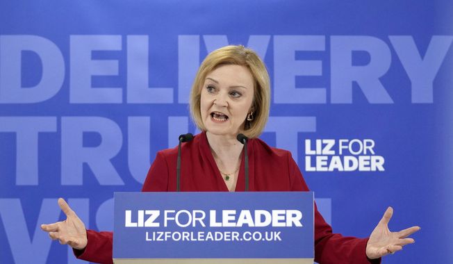 Britain&#x27;s Secretary of State for Foreign, Commonwealth and Development Affairs, Liz Truss, speaks during the launch of her campaign to be Conservative Party leader and prime minister, in Westminster, in London, Thursday, July 14, 2022. (AP Photo/Frank Augstein, File)