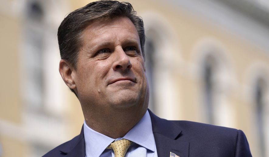 Republican gubernatorial candidate Geoff Diehl speaks to reporters outside the Statehouse, in Boston, March 21, 2022. Diehl, who has former President Donald Trump’s endorsement, is going up against businessman Chris Doughty, a political newcomer, in the Republican primary for governor on Tuesday, Sept. 6. (AP Photo/Steven Senne, File)