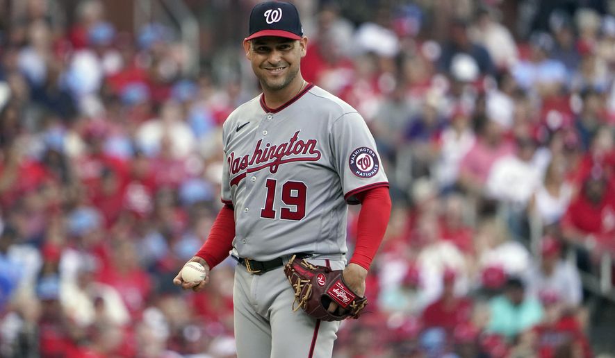 Washington Nationals starting pitcher Anibal Sanchez looks over at first base after giving up a single to St. Louis Cardinals&#39; Yadier Molina during the fifth inning of a baseball game Monday, Sept. 5, 2022, in St. Louis. (AP Photo/Jeff Roberson)