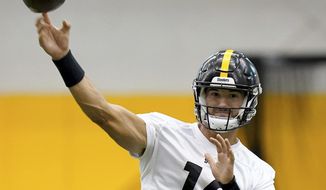 Pittsburgh Steelers quarterback Mitch Trubisky throws  during NFL football practice Tuesday, Aug. 30, 2022, in Pittsburgh. (Matt Freed/Pittsburgh Post-Gazette via AP) **FILE**