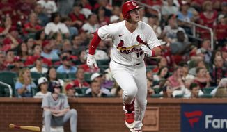 St. Louis Cardinals&#x27; Nolan Gorman watches his RBI double during the fourth inning of a baseball game against the Washington Nationals Tuesday, Sept. 6, 2022, in St. Louis. (AP Photo/Jeff Roberson)