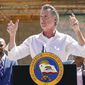 Governor Gavin Newsom talks to reporters during a press conference at the construction site of a water desalination plant in Antioch, Calif., Thursday, Aug. 11, 2022. (AP Photo/Godofredo A. Vásquez)