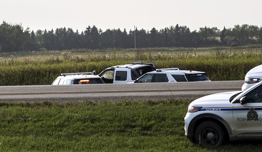 Police and investigators gather at the scene where a stabbing suspect was arrested in Rosthern, Saskatchewan on Wednesday, Sept. 7, 2022. Canadian police arrested Myles Sanderson, the second suspect in the stabbing deaths of multiple people in Saskatchewan, after a three-day manhunt that also yielded the body of his brother fellow suspect, Damien Sanderson. (AP Photo/Robert Bumsted)