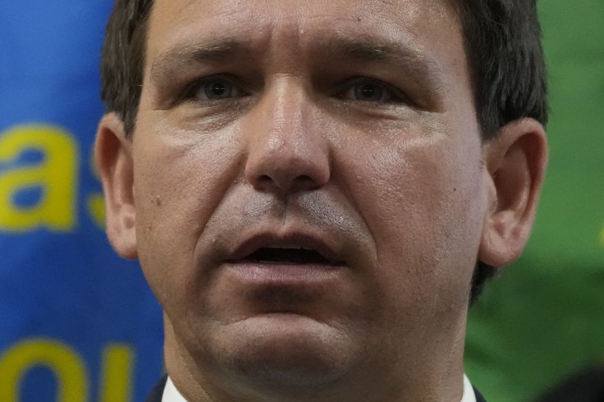 Florida Gov. Ron DeSantis speaks during a press conference to announce expanded toll relief for Florida commuters, Wednesday, Sept. 7, 2022, in Miami, Fla. (AP Photo/Rebecca Blackwell)