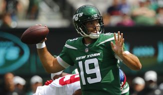 New York Jets quarterback Joe Flacco (19) passes in the first half of a preseason NFL football game against the New York Giants, Sunday, Aug. 28, 2022, in East Rutherford, N.J. (AP Photo/John Munson) **FILE**