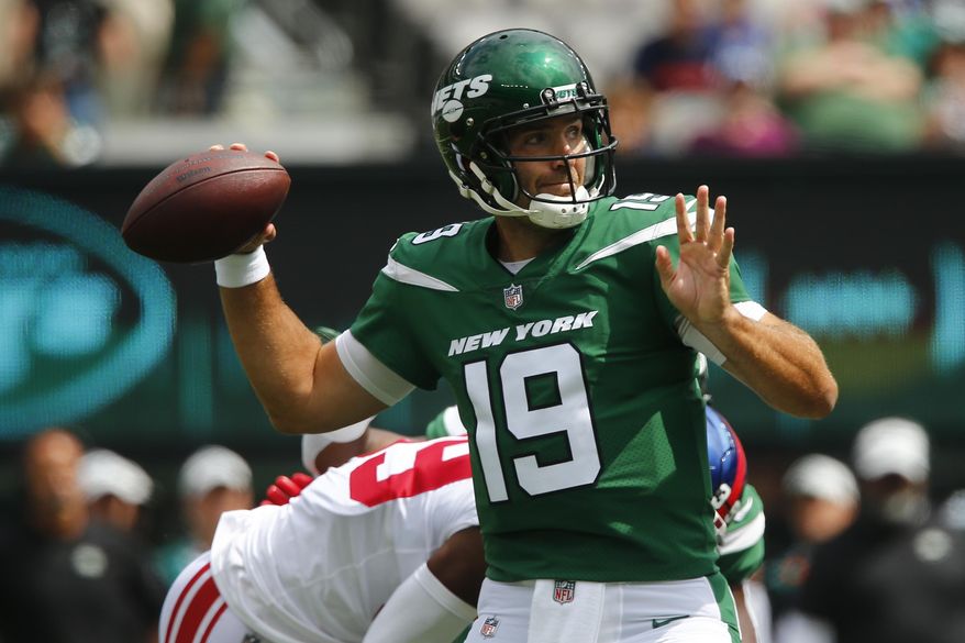 New York Jets quarterback Joe Flacco (19) passes in the first half of a preseason NFL football game against the New York Giants, Sunday, Aug. 28, 2022, in East Rutherford, N.J. (AP Photo/John Munson) **FILE**