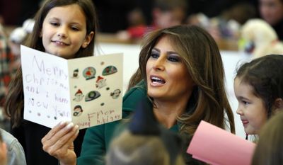First lady Melania Trump, center, reads Christmas cards written by children of military families, Wednesday, Dec. 13, 2017, during a Toys for Tots event at Joint Base Anacostia-Bolling in Washington. (AP Photo/Jacquelyn Martin)