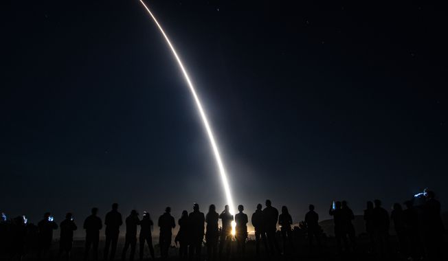 An Air Force Global Strike Command unarmed Minuteman III Intercontinental Ballistic Missile launches during an operational test at 1:13 A.M. PDT, Sept. 7, 2022, at Vandenberg Space Force Base, Calif. ICBM test launches demonstrate that the U.S. ICBM fleet is relevant, essential and key to leveraging dominance in an era of strategic competition. (U.S. Air Force photo by Airman 1st Class Ryan Quijas) ** FILE **