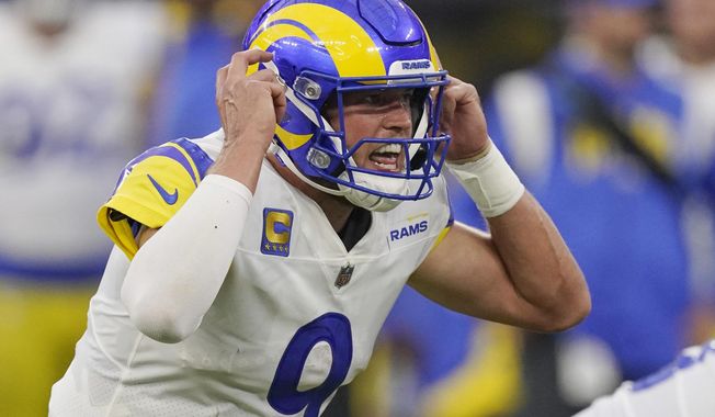 Los Angeles Rams quarterback Matthew Stafford (9) yells out a play during the first half of an NFL football game against the Buffalo Bills Thursday, Sept. 8, 2022, in Inglewood, Calif. (AP Photo/Mark J. Terrill)