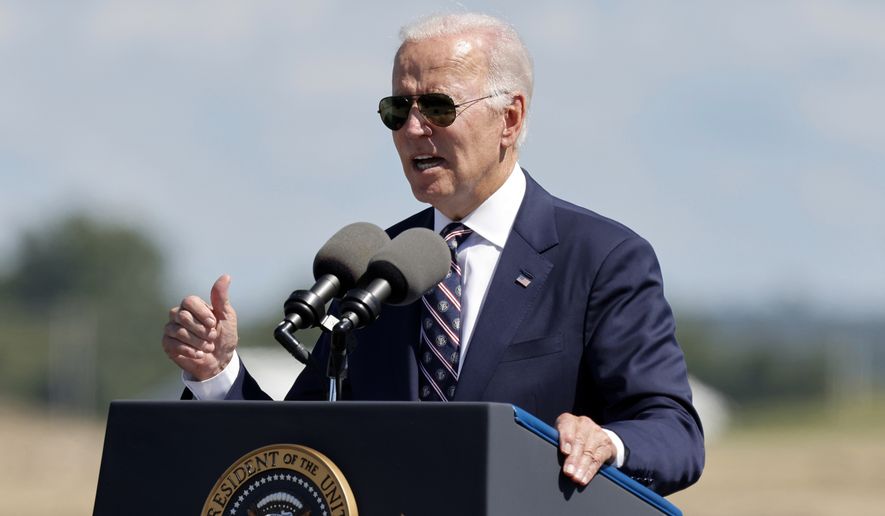President Joe Biden speaks during the groundbreaking ceremony for the new Intel semiconductor manufacturing facility in New Albany, Ohio, Friday, Sept. 9, 2022. (AP Photo/Paul Vernon)