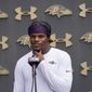 Baltimore Ravens quarterback Lamar Jackson talks to reporters during the team&#x27;s NFL football training camp, Thursday, July 28, 2022, in Owings Mills, Md. The Baltimore quarterback is still without a contract extension beyond this season. (AP Photo/Julio Cortez, File)