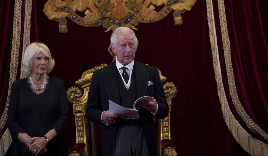King Charles III and Camilla, the Queen Consort during the Accession Council at St James&#39;s Palace, London, Saturday, Sept. 10, 2022, where King Charles III is formally proclaimed monarch. (Victoria Jones/Pool Photo via AP)