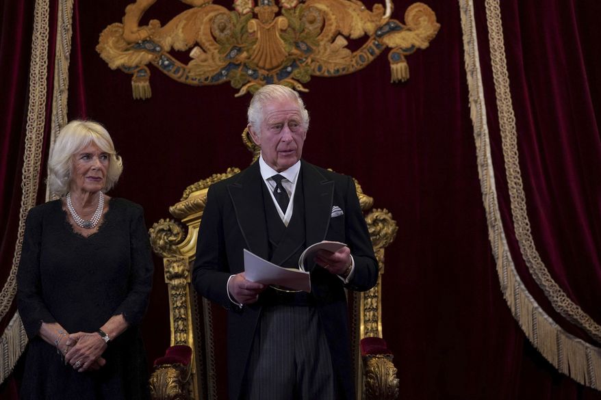 King Charles III and Camilla, the Queen Consort during the Accession Council at St James&#39;s Palace, London, Saturday, Sept. 10, 2022, where King Charles III is formally proclaimed monarch. (Victoria Jones/Pool Photo via AP)