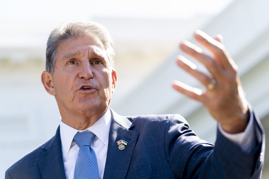 FILE - Sen. Joe Manchin, D-W.Va., speaks to reporters outside the West Wing of the White House in Washington, Aug. 16, 2022, after President Joe Biden signed the Democrats&#39; landmark climate change and health care bill. Manchin made a deal with Democratic leaders as part of his vote pushing the party&#39;s highest legislative priority across the finish line last month. Now, he&#39;s ready to collect. But many environmental advocacy groups and lawmakers are balking. (AP Photo/Andrew Harnik, File)