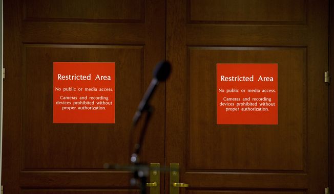A microphone stands at the entrance to the House SCIF, the Sensitive Compartmented Information Facility, located three levels beneath the Capitol where witnesses and lawmakers hold closed interviews in the impeachment inquiry on President Donald Trump&#x27;s efforts to press Ukraine to investigate his political rivals, in Washington, Nov. 15, 2019. When members of Congress want to peruse classified materials, they descend deep into the basement of the Capitol to a sensitive compartmented information facility, known as a SCIF. (AP Photo/Jose Luis Magana, File)