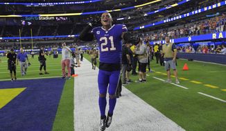 Buffalo Bills safety Jordan Poyer (21) celebrates after a 31-10 win over the Los Angeles Rams during an NFL football game Thursday, Sept. 8, 2022, in Inglewood, Calif. (AP Photo/Mark J. Terrill)