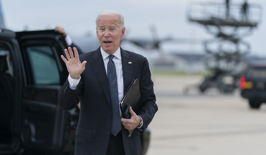 President Joe Biden responds to journalists as he arrives at Delaware Air National Guard Base in New Castle, Del., to board Air Force One, Sunday, Sep. 11, 2022. Biden will mark the 21st anniversary of the Sept. 11 attacks at the Pentagon. Sunday&#39;s somber commemoration comes a little more than a year after the Democratic president ended the war in Afghanistan launched by the U.S. and its allies in response to the terror attacks. (AP Photo/Manuel Balce Ceneta)