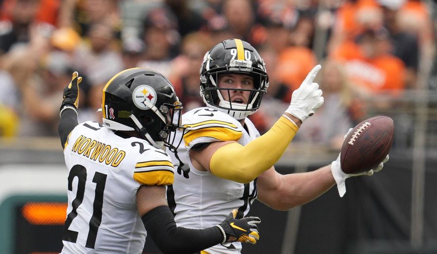 Pittsburgh Steelers linebacker T.J. Watt (90) celebrates after an interception with safety Tre Norwood (21) during the first half of an NFL football game against the Cincinnati Bengals, Sunday, Sept. 11, 2022, in Cincinnati. (AP Photo/Jeff Dean) **FILE**
